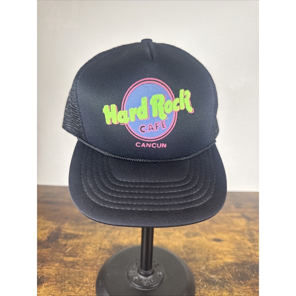 Vintage 1980s Hard Rock Cafe Cancun Foam Trucker Hat Neon Puff Print Corded NEW
